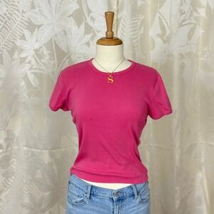 Vintage Ann Taylor Pink Ribbed Cotton Crew Neck Short Sleeve T Top Size Medium